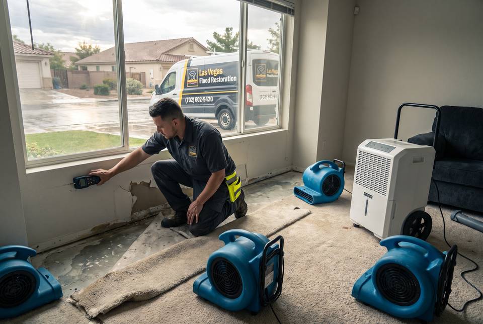 A technician holding a moisture meter against a wet wall inside a flooded room, with the company van visible through the window