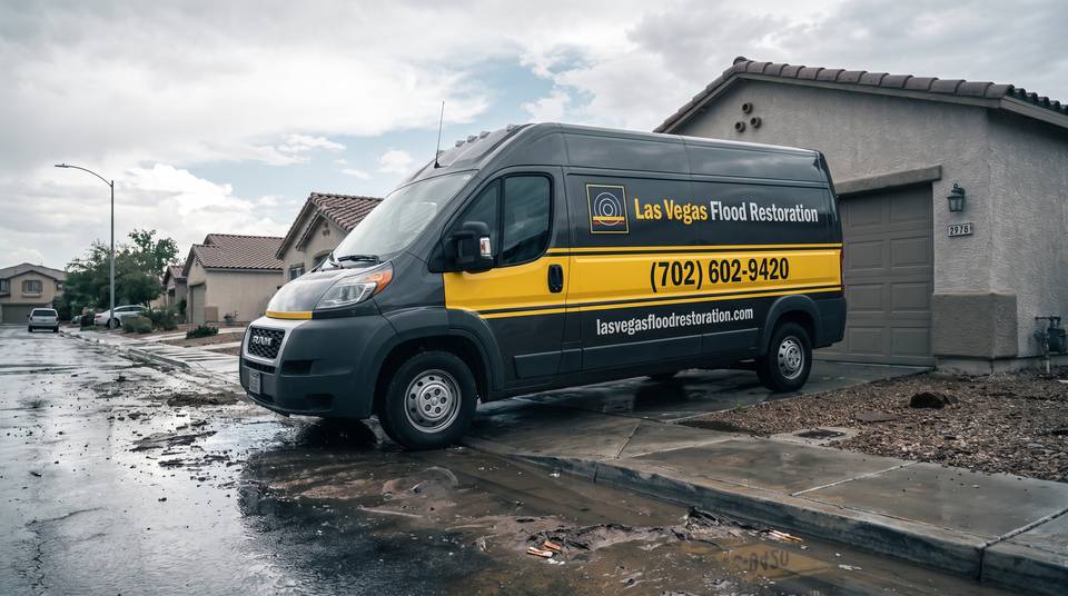 White service van with Las Vegas Flood Restoration and the phone number (702) 602-9420 on the side, parked on a wet street after a storm